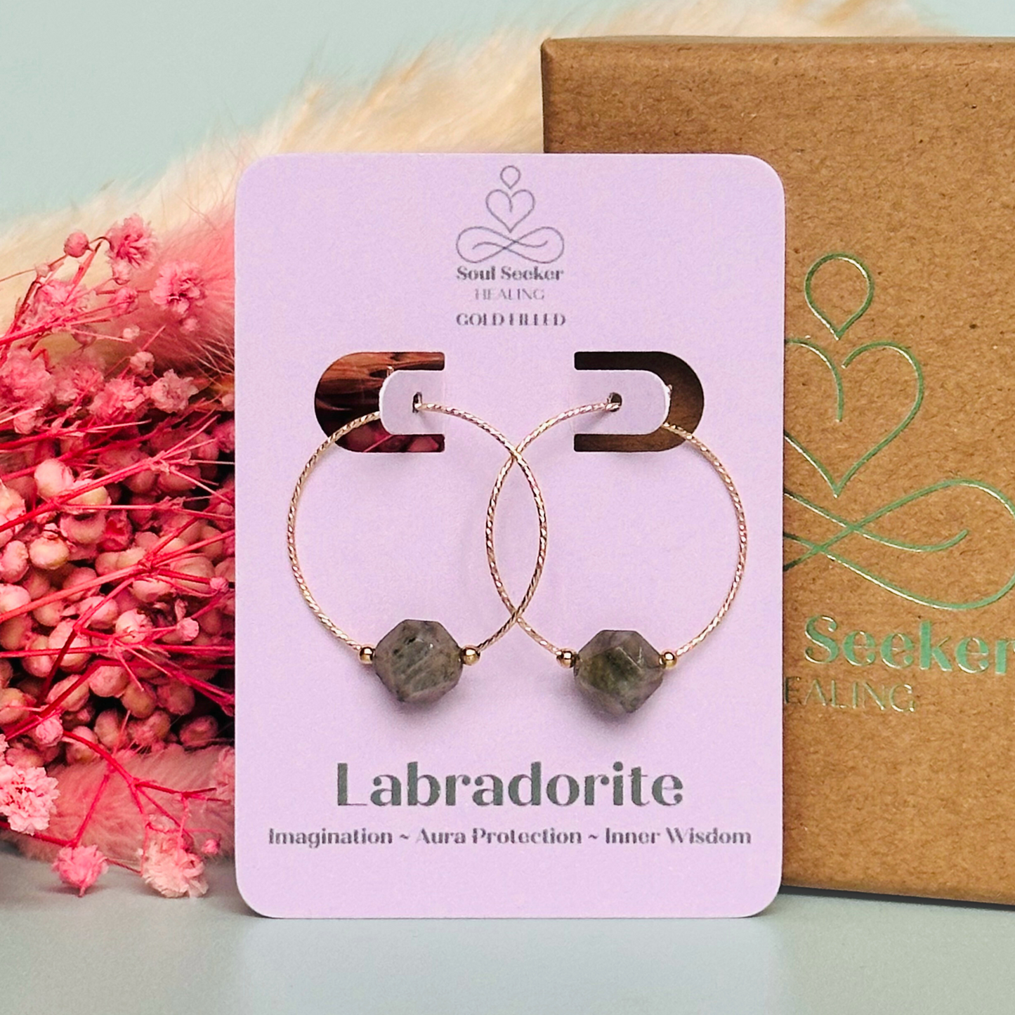 Gold filled labradorite hoop earrings, crystal healing handmade jewellery, delicate genuine gemstone drop, dainty spiritual dangly earrings