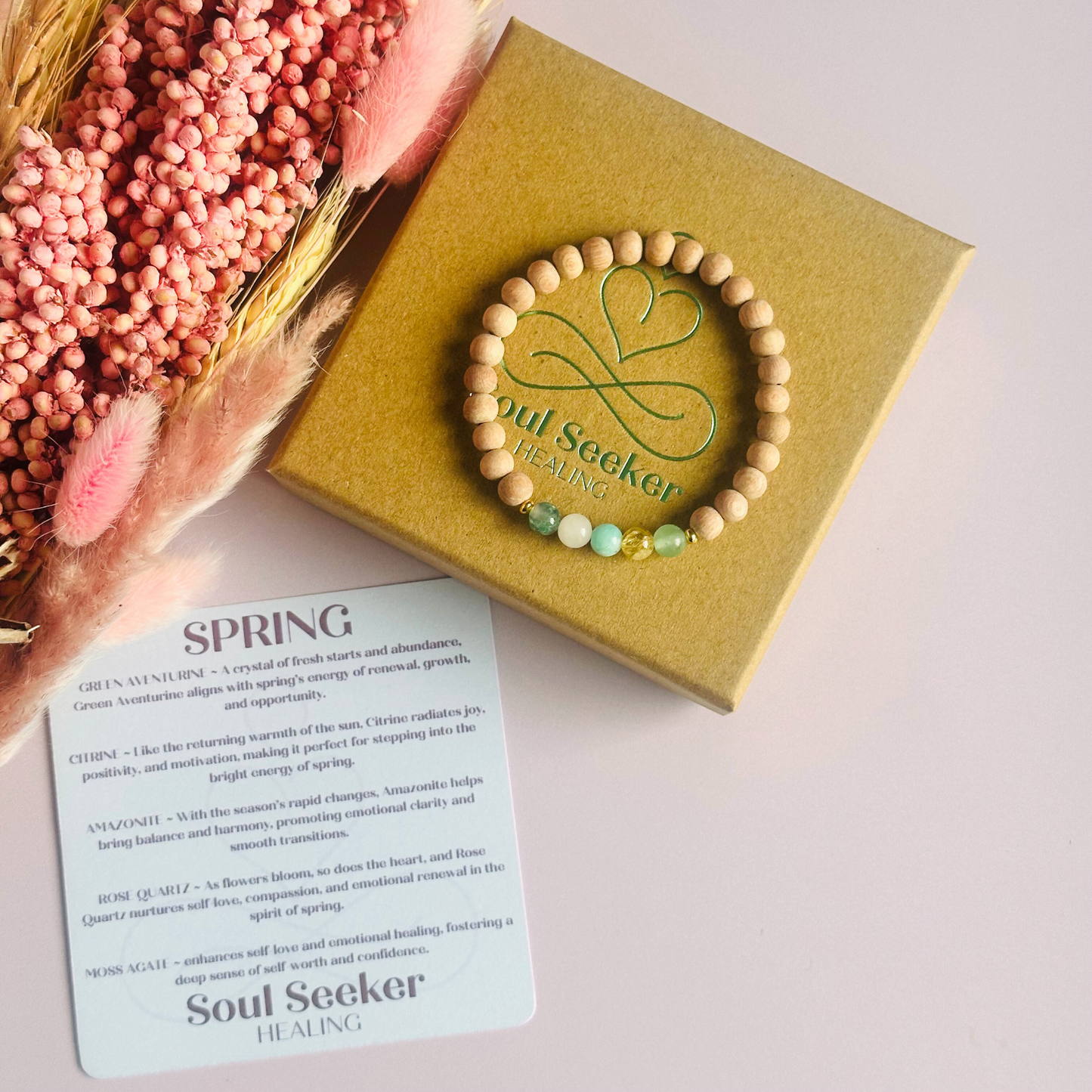Spring crystal raw rosewood essential oil diffuser bracelet with moss agate, rose quartz, citrine, amazonite and green aventurine.