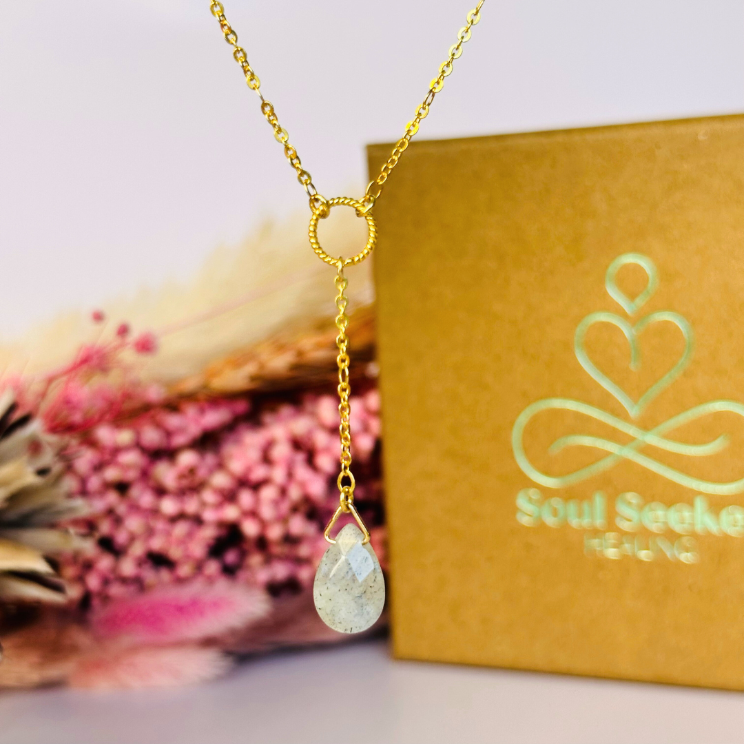 Labradorite necklace featuring a faceted labradorite teardrop bead on a delicate gold vermeil figaro chain with a twisted gold vermeil ring focal point. The necklace fastens with a subtle yet secure gold vermeil bolt clasp. The teardrop bead measures 12mm x 8mm.