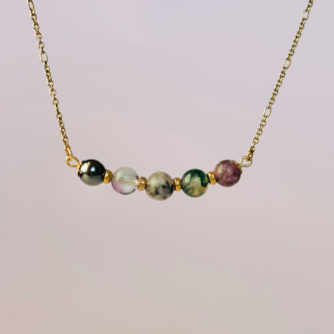 A dainty focus crystal necklace made with a selection of five healing crystals all believed to help you stay focused. On a fine, gold vermeil figaro chain, which fastens with a gold vermeil bolt clasp. Featuring corrugated gold vermeil spacer beads and accented with daisy shaped bead caps.