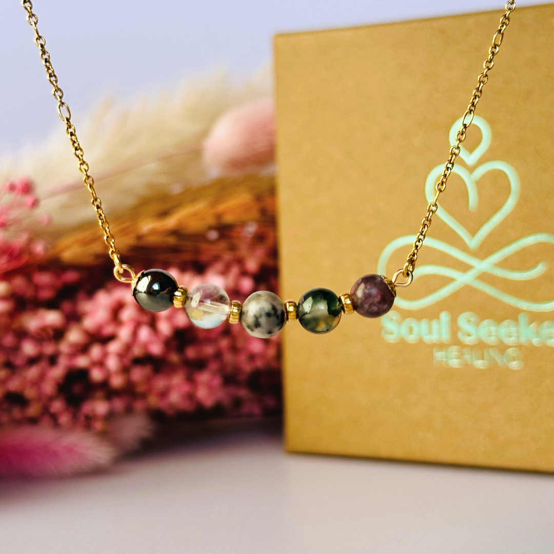 A dainty focus crystal necklace made with a selection of five healing crystals all believed to help you stay focused. On a fine, gold vermeil figaro chain, which fastens with a gold vermeil bolt clasp. Featuring corrugated gold vermeil spacer beads and accented with daisy shaped bead caps.