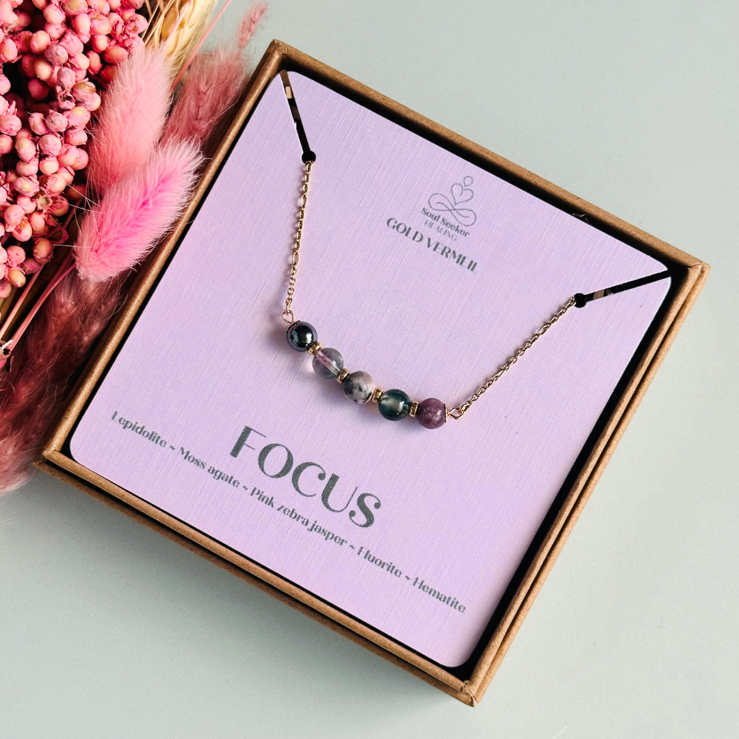 A dainty focus crystal necklace made with a selection of five healing crystals all believed to help you stay focused. On a fine, gold vermeil figaro chain, which fastens with a gold vermeil bolt clasp. Featuring corrugated gold vermeil spacer beads and accented with daisy shaped bead caps.