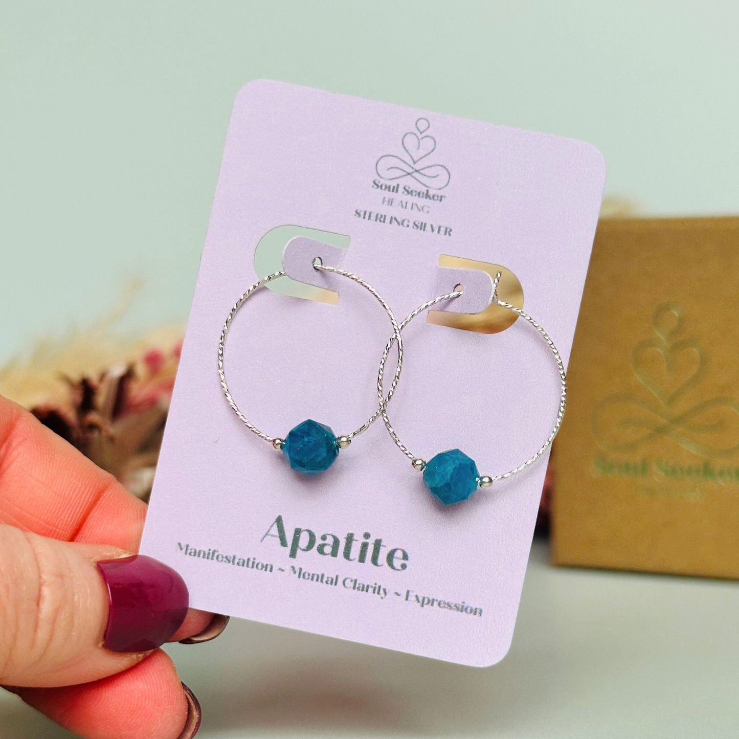 Sterling silver apatite hoop earrings, crystal healing minimalist jewellery, teal blue genuine gemstone drop earrings, dainty dangly earrings