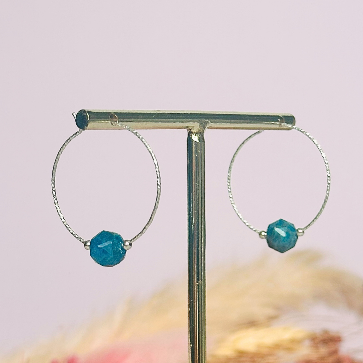 Sterling silver apatite hoop earrings, crystal healing minimalist jewellery, teal blue genuine gemstone drop earrings, dainty dangly earrings
