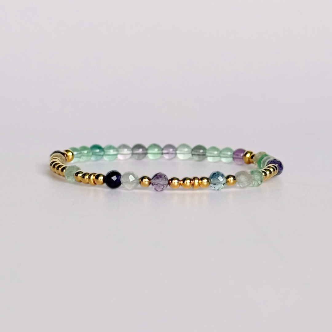 Elasticated stretch fluorite crystal morse code bracelet spelling out the words ‘ADHD and awesome’ in a combination of 4mm round fluorite beads, 4mm faceted fluorite beads and either sterling silver or gold vermeil 3mm round beads. The words start and end at the rondelle spacer beads.