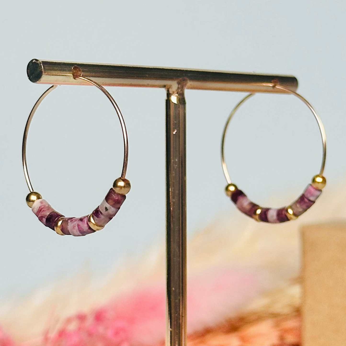 Pink tourmaline gold filled hoop earrings. Made with pink tourmaline heishi beads on 25mm gold filled hoops.
