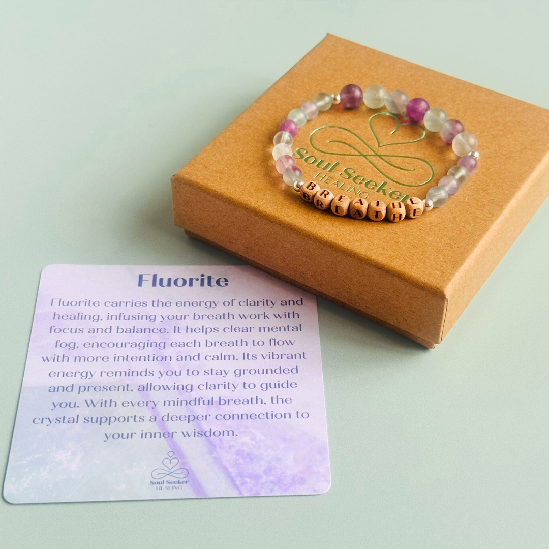 Breathwork bracelet featuring 6mm and 8mm frosted rainbow fluorite crystal beads that follow the 4-7-8 counted breathing method. Also featuring laser engraved wooden letter beads spelling out the word BREATHE. Choose your accent beads from rose gold vermeil, gold vermeil or sterling silver.