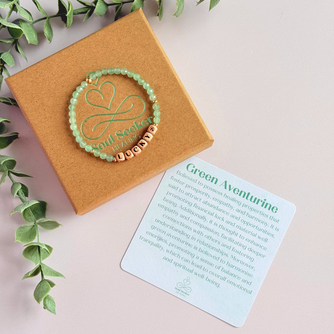 Bracelet featuring 5mm engraved wooden beads which you can personalise with your choice of words, numbers and symbols. The main the band of the bracelet is made with 4mm faceted green aventurine round crystal gemstone beads. Finished with your choice of gold vermeil, sterling silver or rose gold vermeil accent beads.