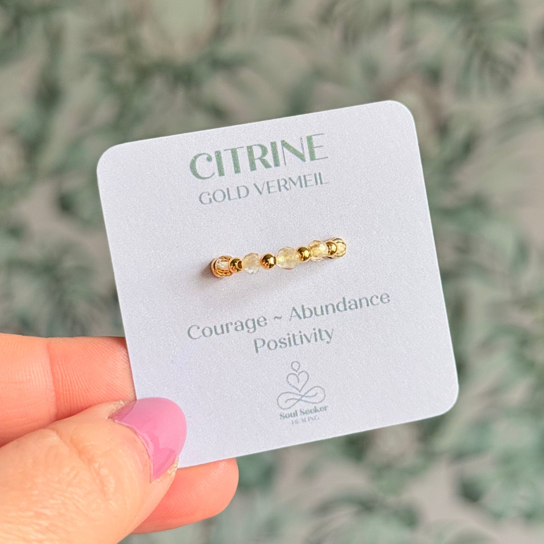 Gold vermeil and citrine crystal ring. Made with 2.5mm gold vermeil round beads and featuring five, 3mm faceted genuine citrine beads in a band style. Perfect for stacking. November birthstone jewellery