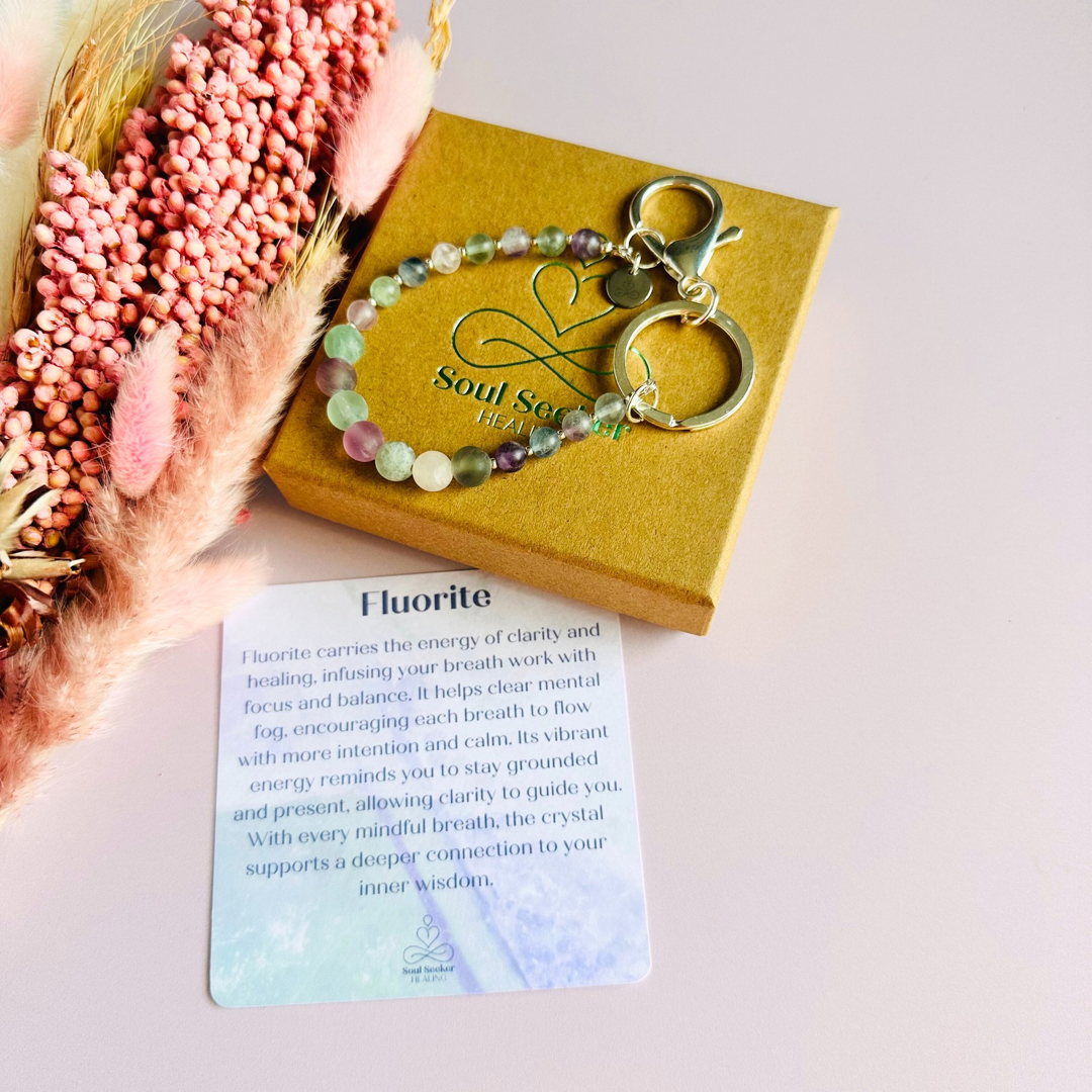 Frosted fluorite breath work beads on a silver keychain/bag charm. For the 4-7-8 counted breathing method.