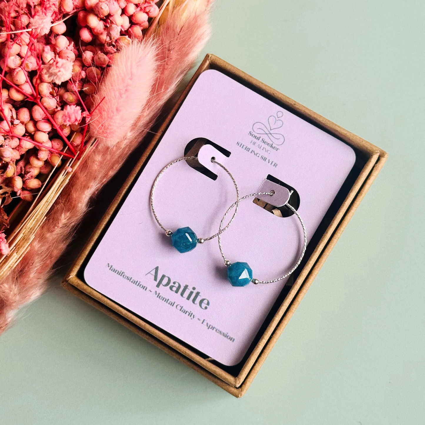 Sterling silver apatite hoop earrings, crystal healing minimalist jewellery, teal blue genuine gemstone drop earrings, dainty dangly earrings