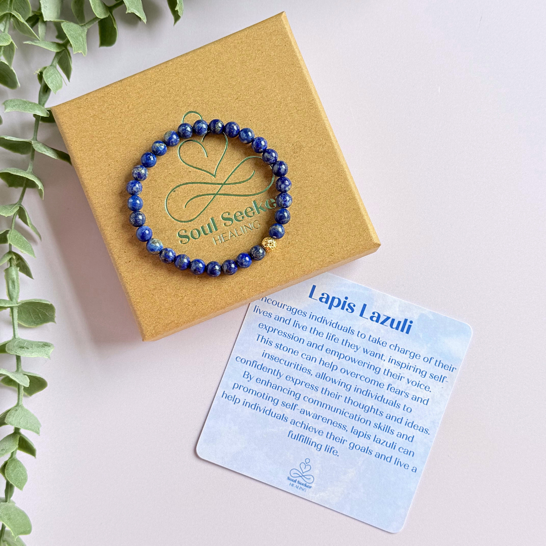 Genuine lapis lazuli bracelet featuring 6mm, smooth, round dark blue lapis lazuli beads and your choice of a 6mm faceted gold vermeil or sterling silver accent bead. Elasticated for comfort.
