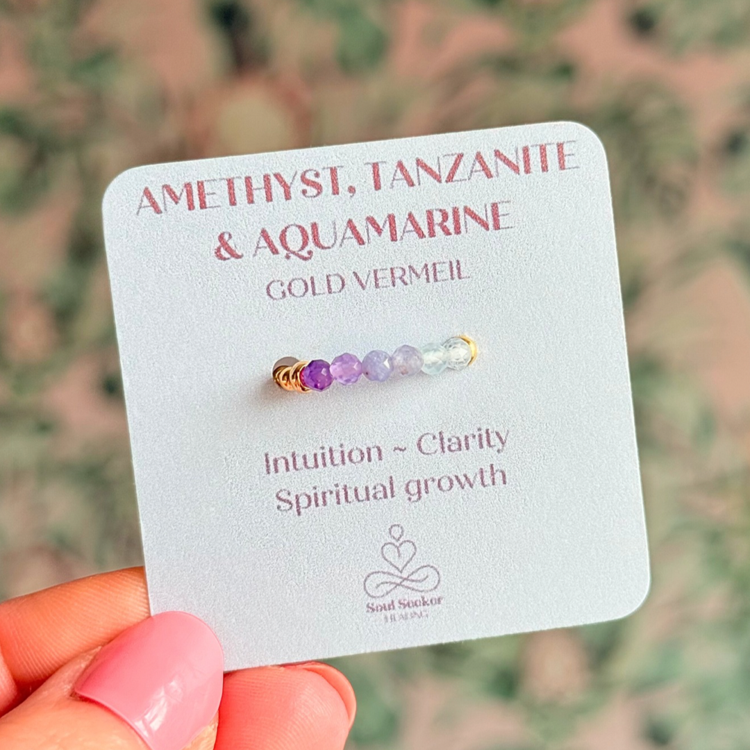 Ombré aquamarine, tanzanite and amethyst gold vermeil ring