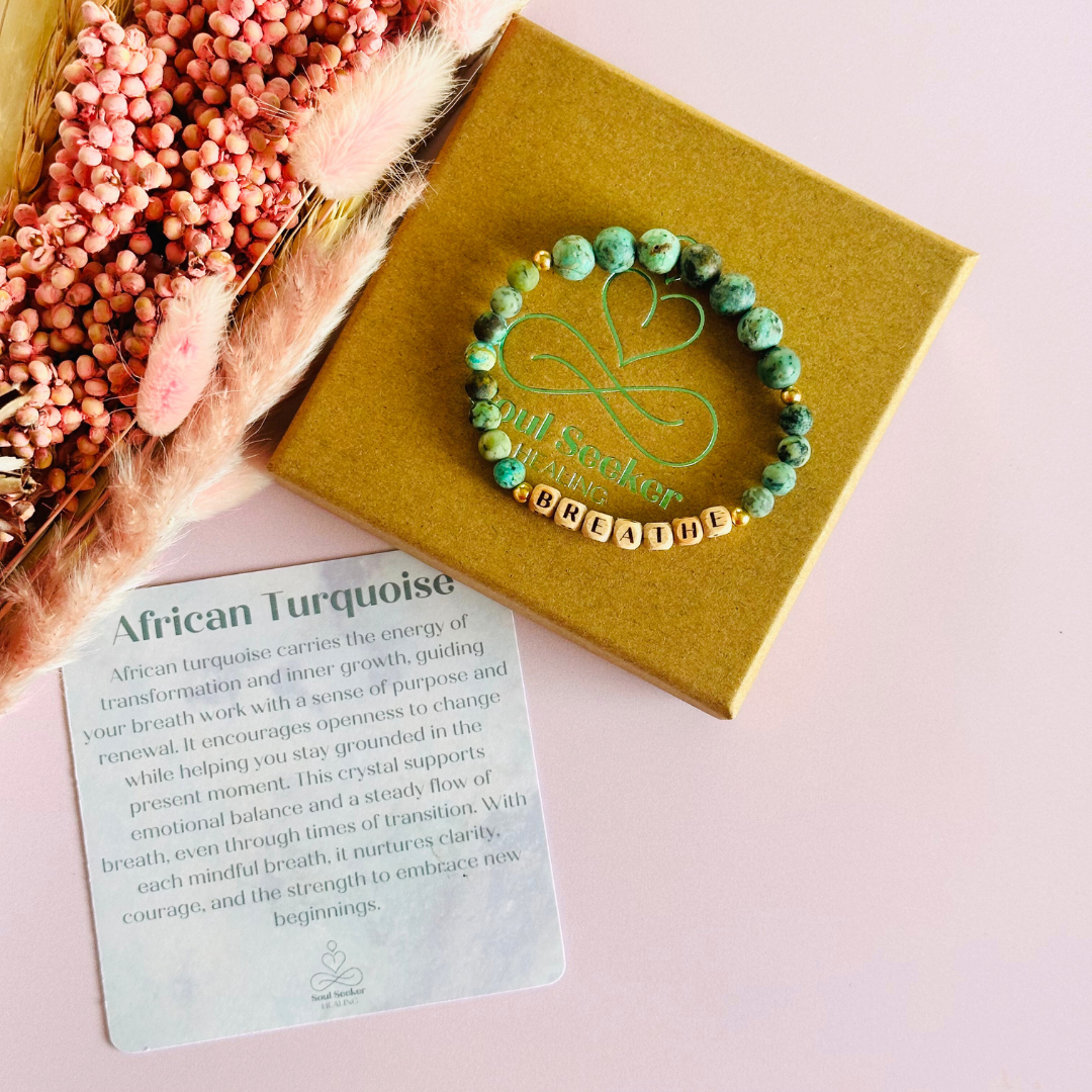 Breathwork bracelet featuring 6mm and 8mm frosted African turquoise crystal beads that follow the 4-7-8 counted breathing method. Also featuring laser engraved wooden letter beads spelling out the word BREATHE. Choose your accent beads from rose gold vermeil, gold vermeil or sterling silver.