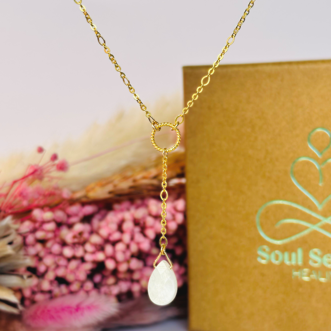 Moonstone necklace features a faceted moonstone teardrop bead on a delicate gold figaro chain with a twisted gold vermeil ring focal point. The necklace fastens with a subtle yet secure gold vermeil bolt clasp. The teardrop bead measures 12mm x 8mm.
