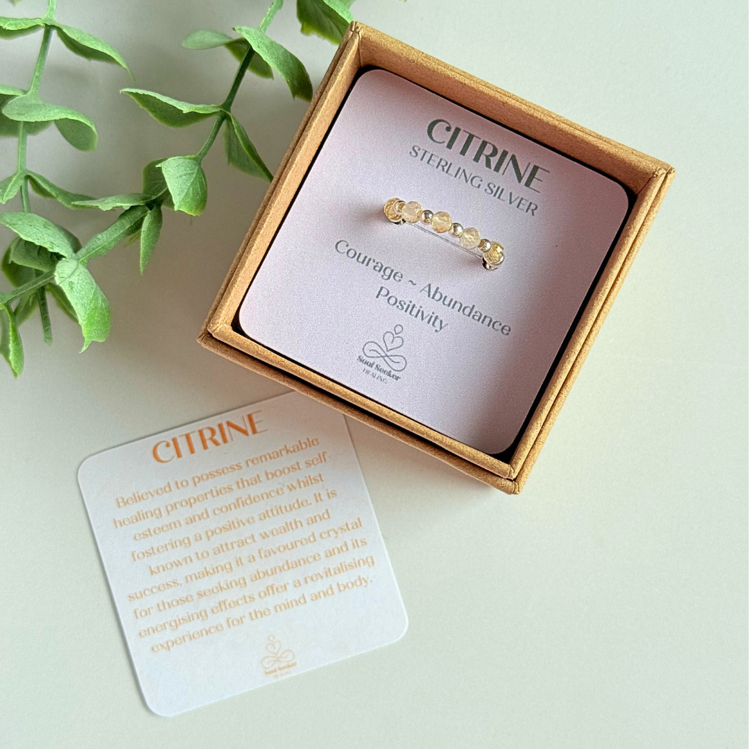 Sterling silver and citrine crystal ring. Made with 2.5mm sterling silver round beads and featuring five, 3mm faceted genuine citrine beads in a band style. Perfect for stacking. November birthstone jewellery
