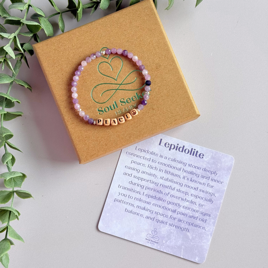 Bracelet featuring 5mm engraved wooden beads which you can personalise with your choice of words, numbers and symbols. The main the band of the bracelet is made with 4mm faceted lepidolite round crystal gemstone beads. Finished with your choice of gold vermeil, sterling silver or rose gold vermeil accent beads.