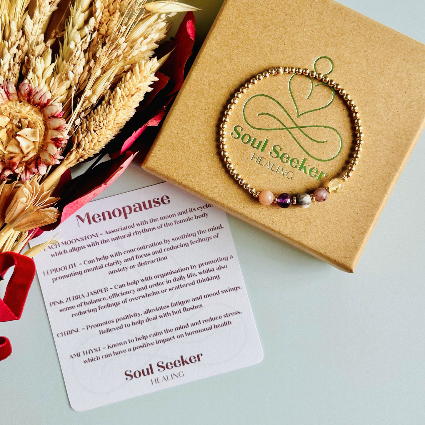 This gold vermeil menopause bracelet is made with a selection of five healing crystals all believed to help deal with menopause symptoms. The crystal beads are all 6mm and are on a band of 3mm gold vermeil beads with corrugated accent beads.