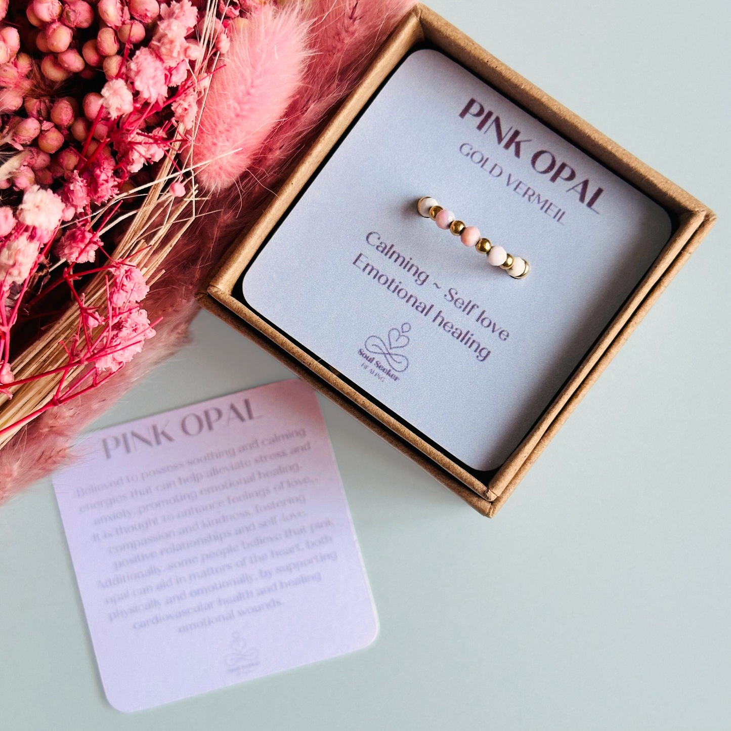 Birthstone ring featuring 5 3mm. Faceted Peruvian pink opal beads on an elasticated band of 3mm gold vermeil round beads, pink opal is an October birth stone so this makes a perfect October birthday gift.