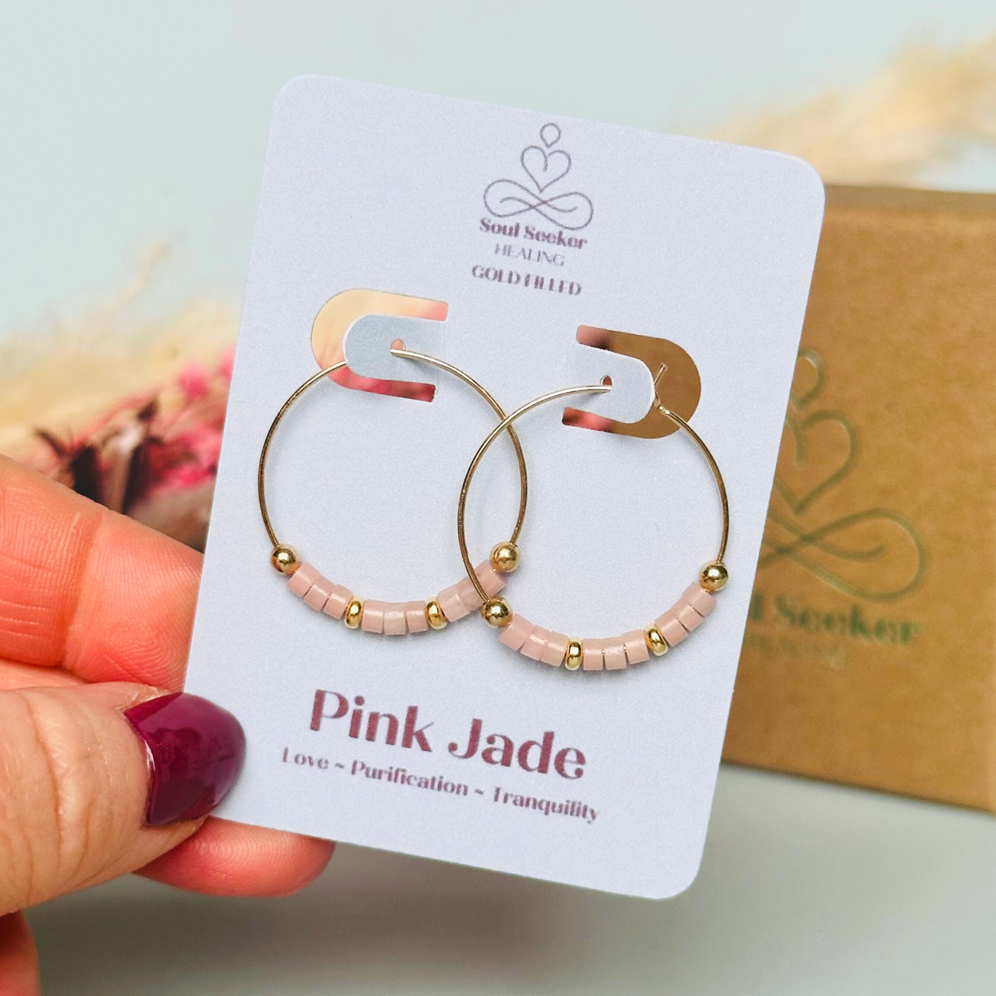 Pink jade gold filled hoop earrings on 25mm gold filled hoops, pink jade gold earrings