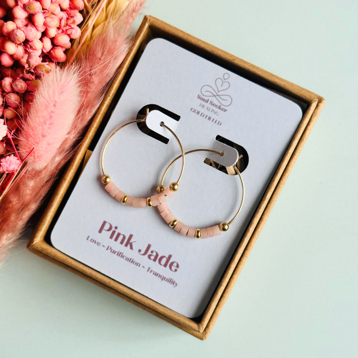 Pink jade gold filled hoop earrings on 25mm gold filled hoops, pink jade gold earrings