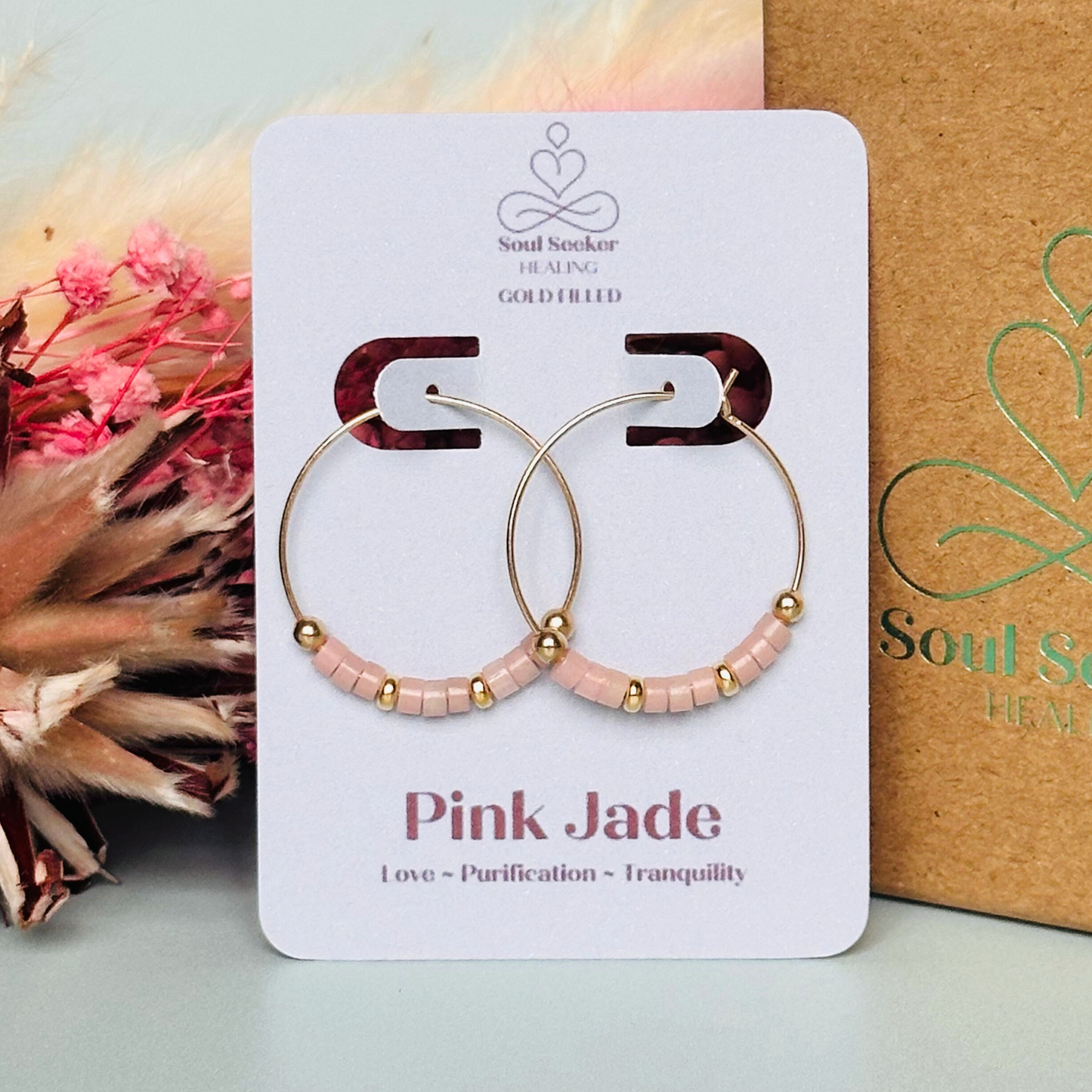 Pink jade gold filled hoop earrings on 25mm gold filled hoops, pink jade gold earrings