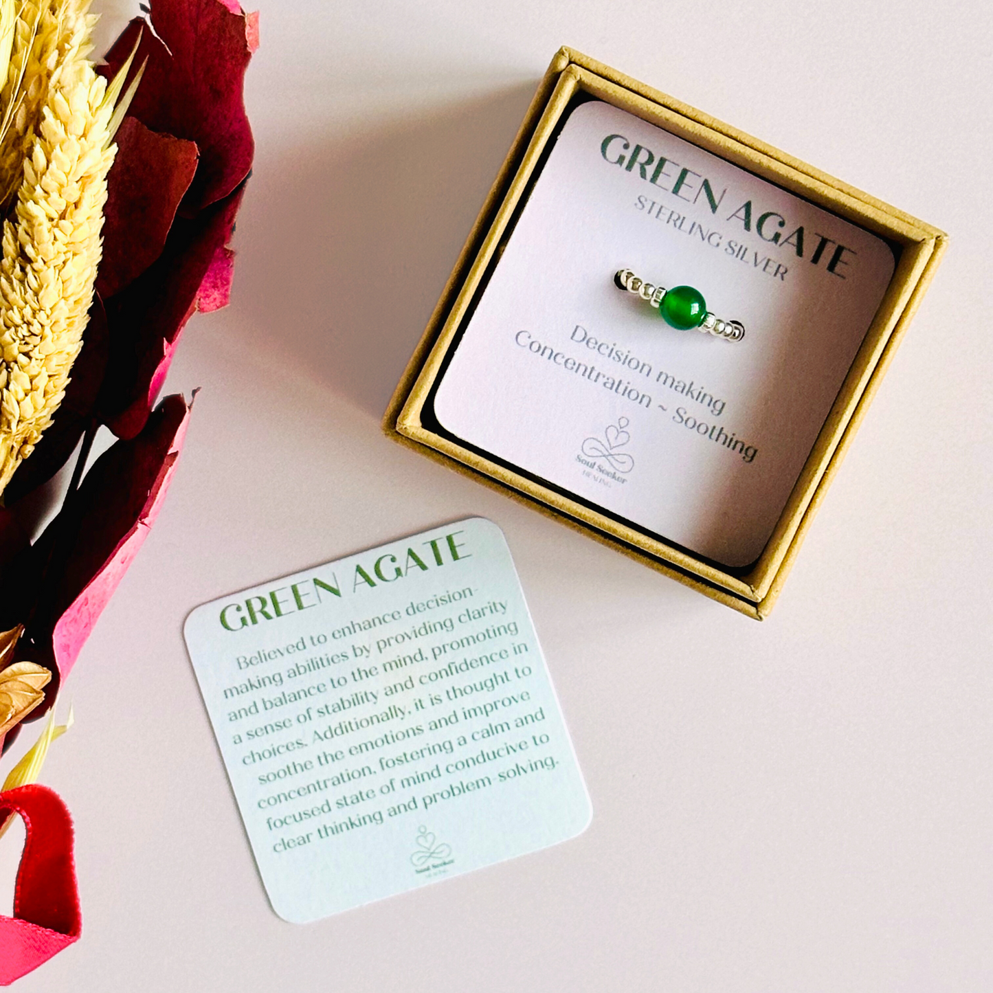 sterling silver green agate ring features a 6mm round ethically sourced green agate bead, surrounded by sterling silver corrugated rondelle beads and delicate 2.5mm sterling silver beads. By Soul Seeker Healing