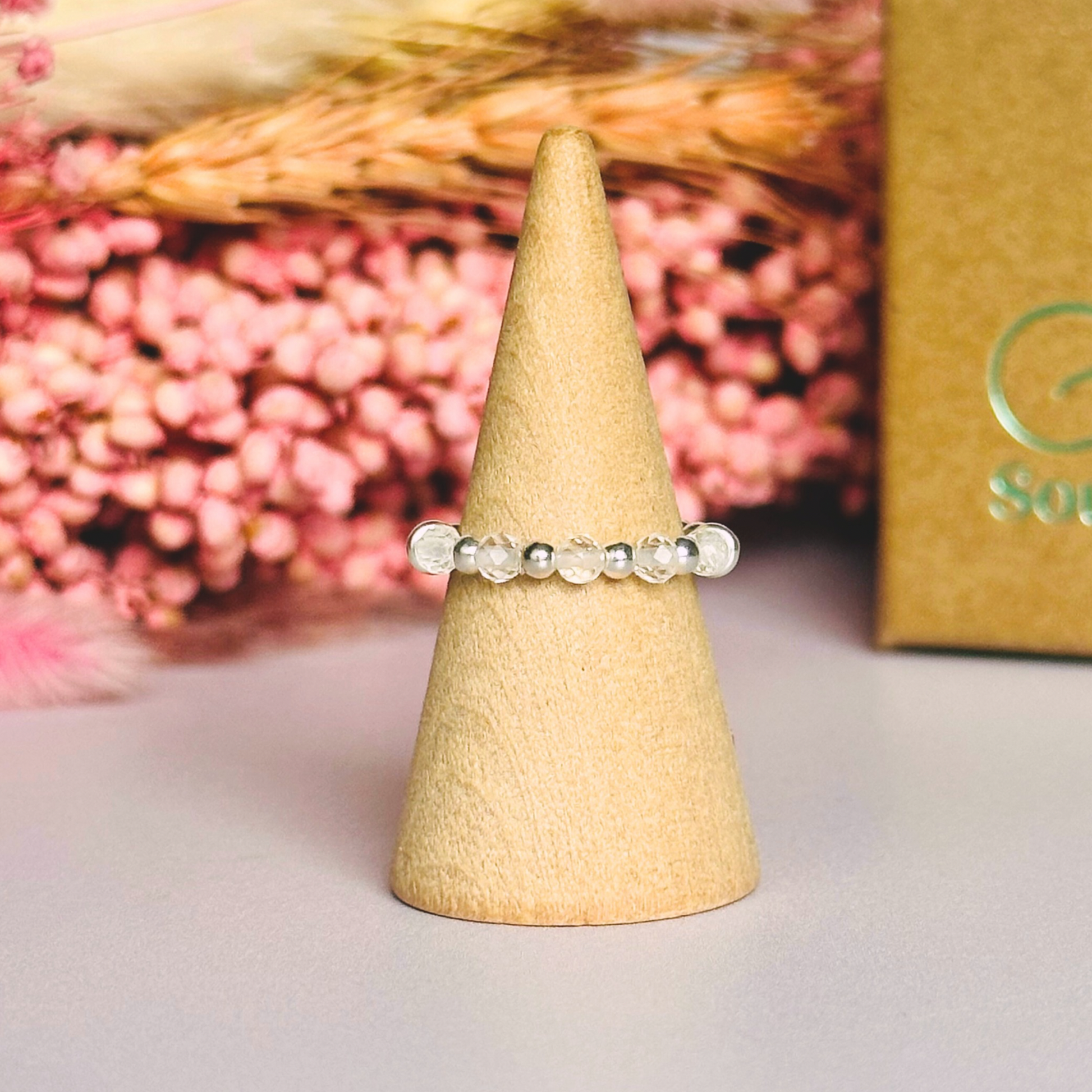 Sterling silver clear quartz Stackable Ring with five 3mm faceted clear quartz crystal beads on a beaded 2.5mm band. April Birthstone Ring, clear quartz silver Band Ring, April Birthday Gift For Women, April birth stone ring, birthstone jewellery
