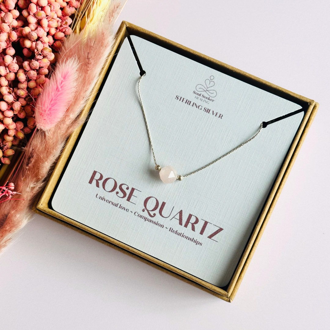 Rose quartz necklace featuring an 8mm star cut rose quartz bead with corrugated sterling silver beads on a delicate sterling silver cardano beading chain. The necklace fastens with a subtle yet secure sterling silver bolt clasp.