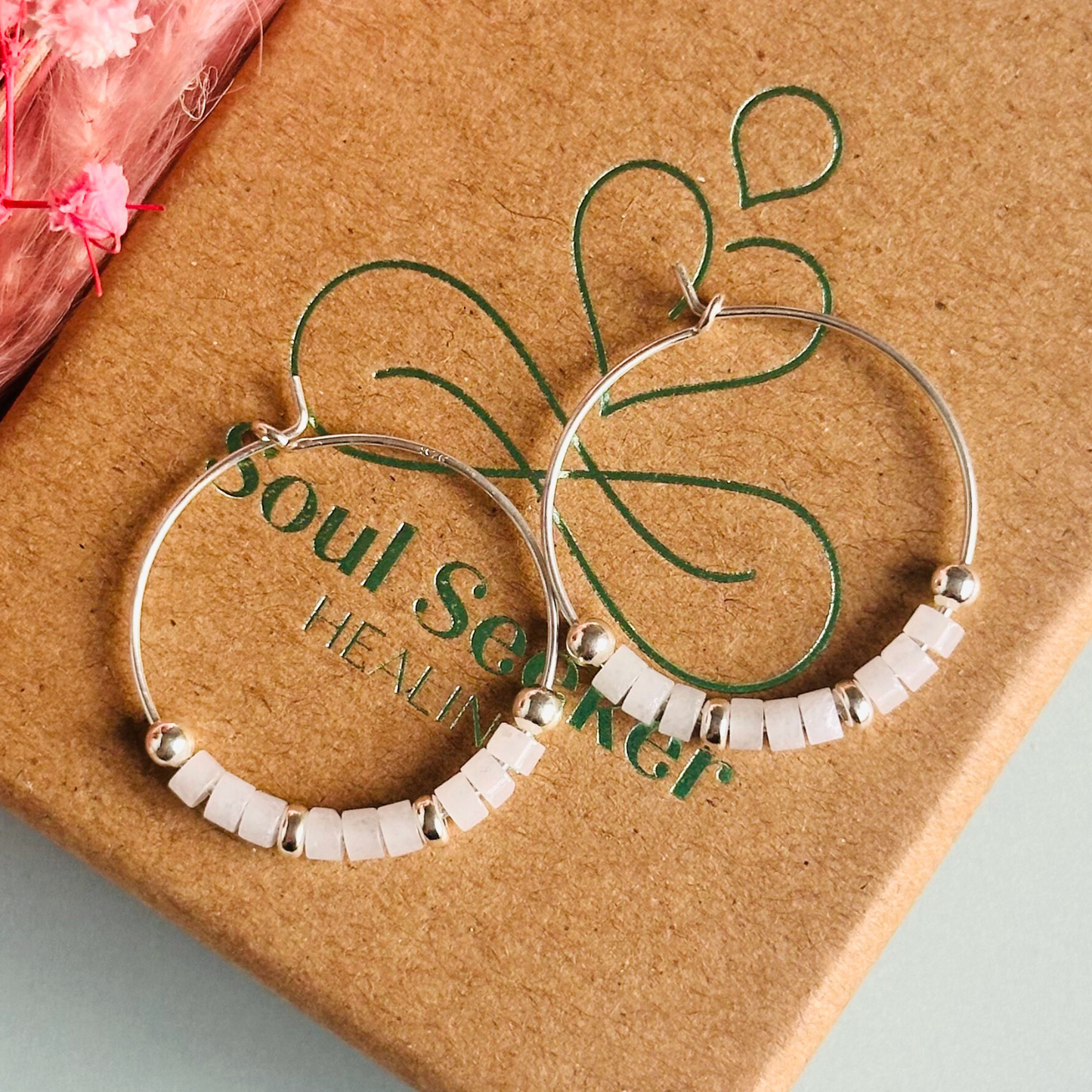 White jade sterling silver 25mm hoop earrings, white jade silver earrings