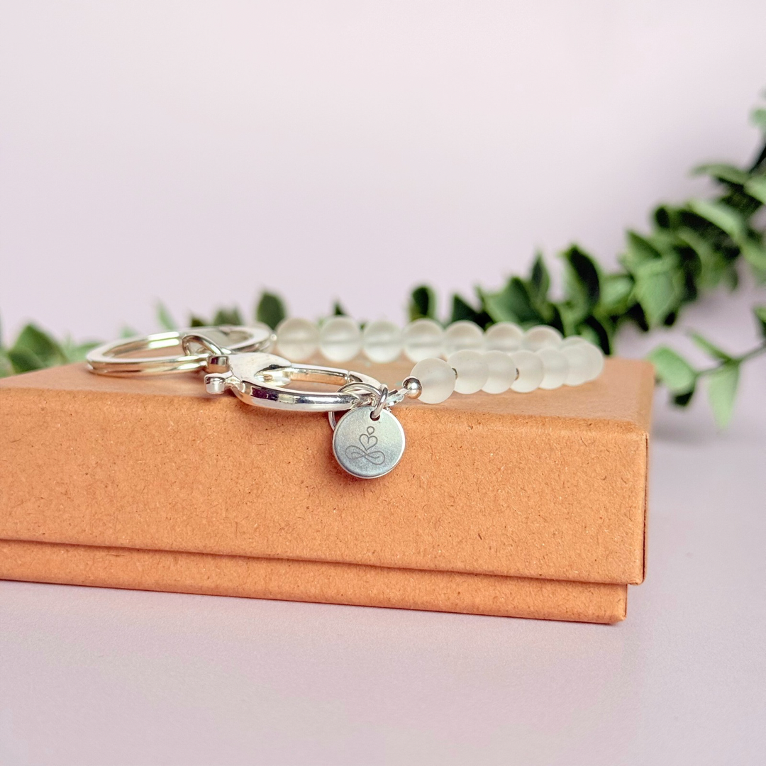 Clear Quartz 4-7-8 breath work beads. Crystal breathing keyring