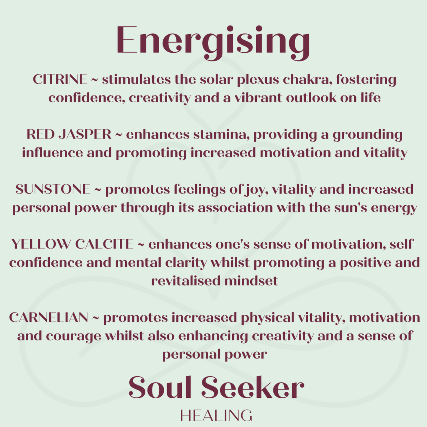 Energising crystals, positivity crystals, crystals for confidence, crystals for vitality, carnelian, yellow calcite, sunstone, red jasper, citrine, energy boost