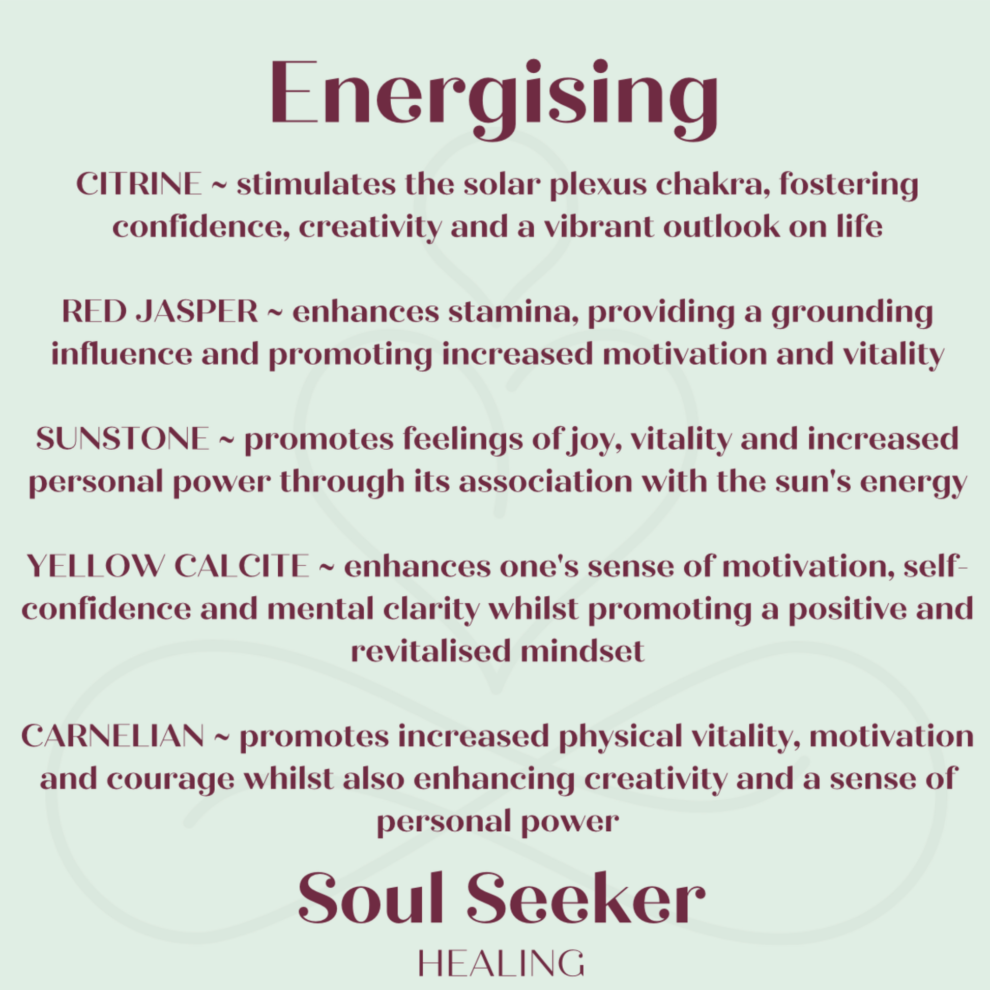 Energising crystals, positivity crystals, crystals for confidence, crystals for vitality, carnelian, yellow calcite, sunstone, red jasper, citrine, energy boost