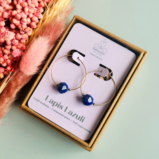 Gold filled lapis lazuli hoop earrings, crystal healing handmade jewellery, dark blue genuine gemstone drop earrings, dainty dangly earrings