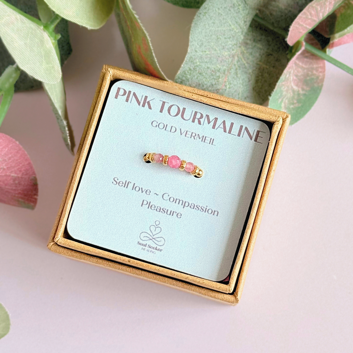 Pink Tourmaline crystal trilogy gold vermeil ring