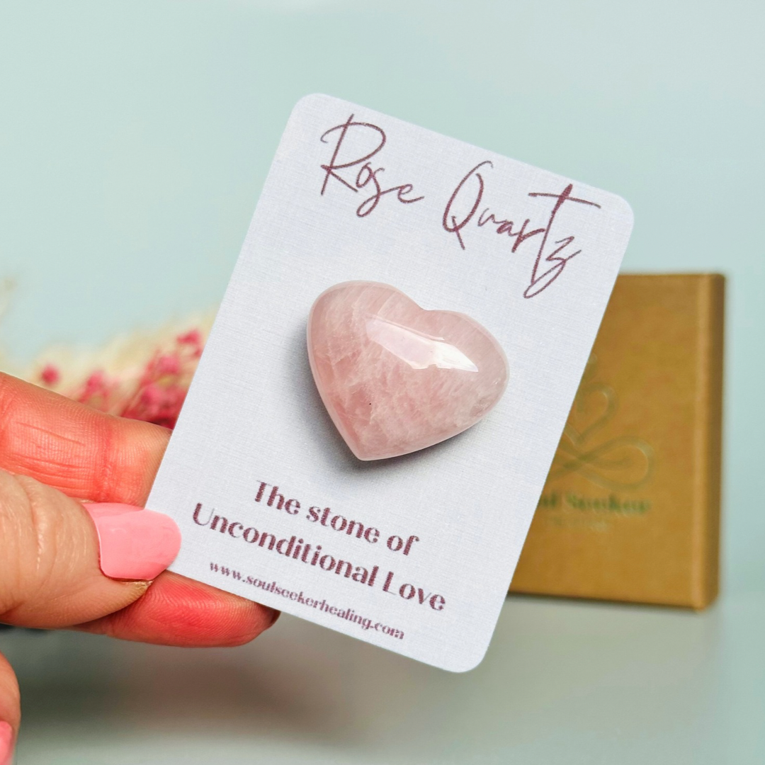 A beautiful, ethically mined rose quartz heart, presented on an eco-friendly textured card with the words ‘The stone of universal love.’ This heart shaped rose quartz crystal measures approximately 25mm x 25mm, making it an ideal size to carry with you wherever you go or to display in your sacred space. A cotton bag is included to keep it safe.