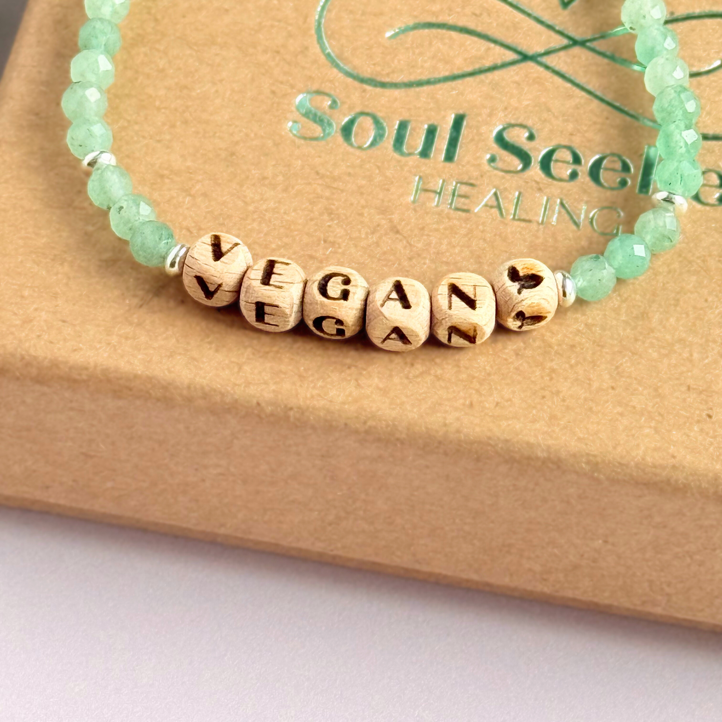 ‘Vegan’ green aventurine engraved word wooden letter bead bracelet