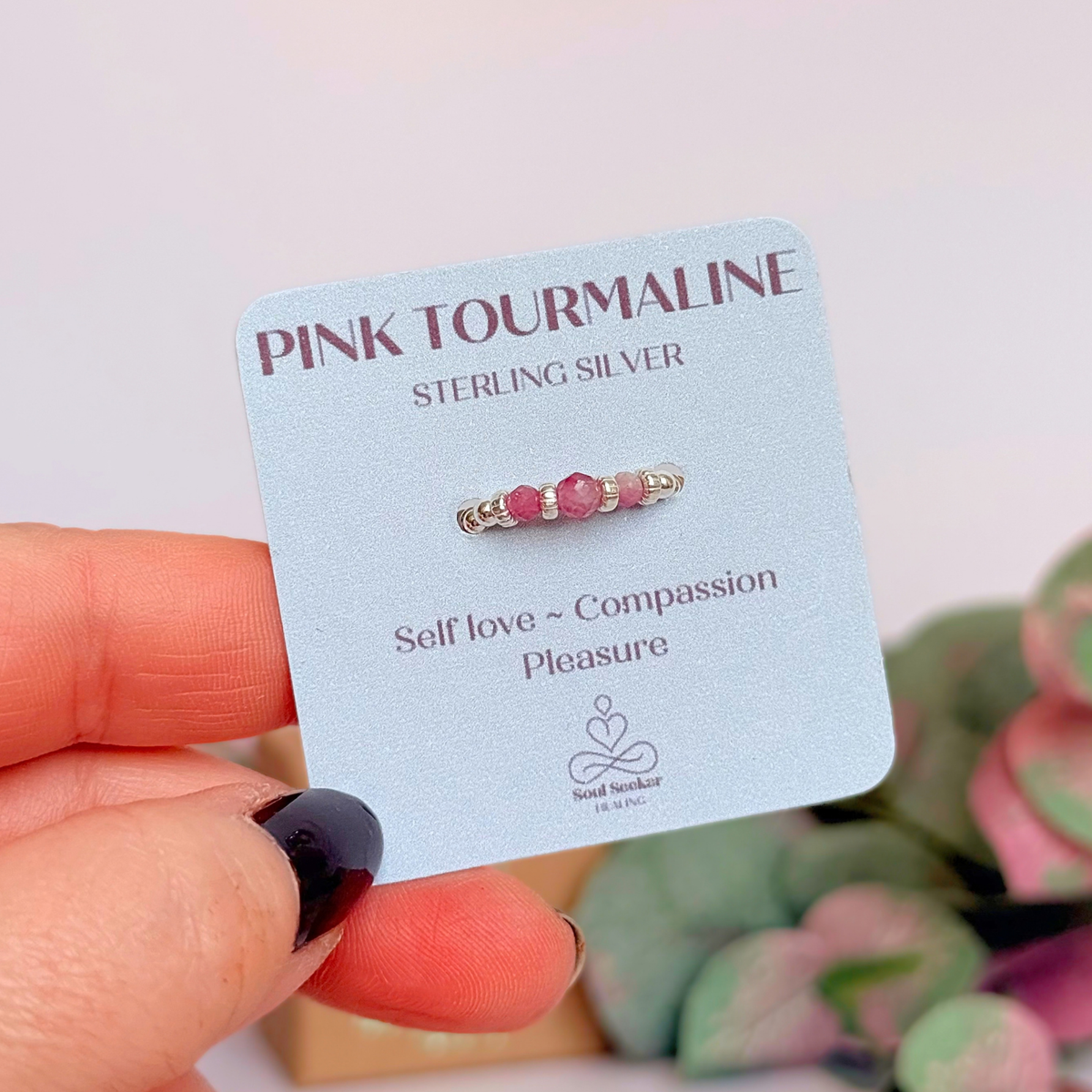 Pink Tourmaline crystal trilogy sterling silver ring