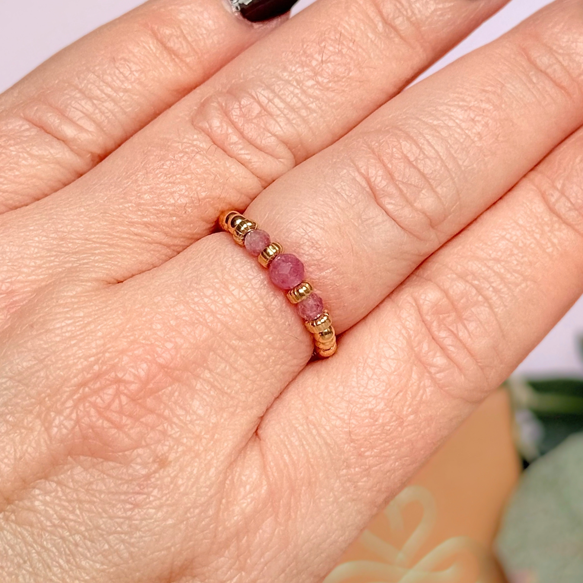Pink Tourmaline crystal trilogy gold vermeil ring