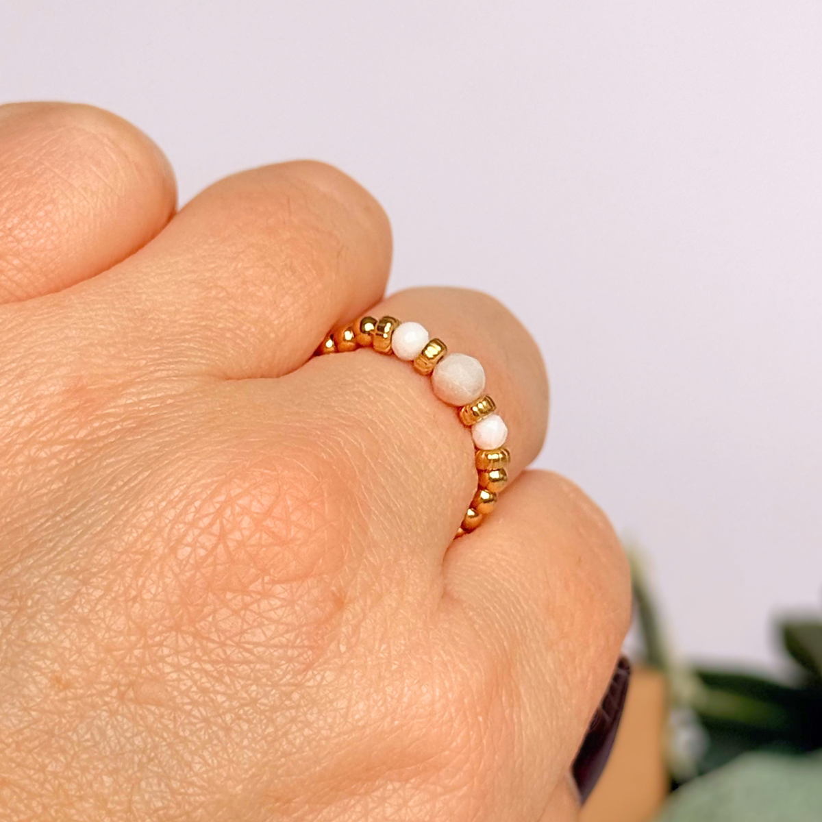 Pink Opal crystal trilogy gold vermeil ring