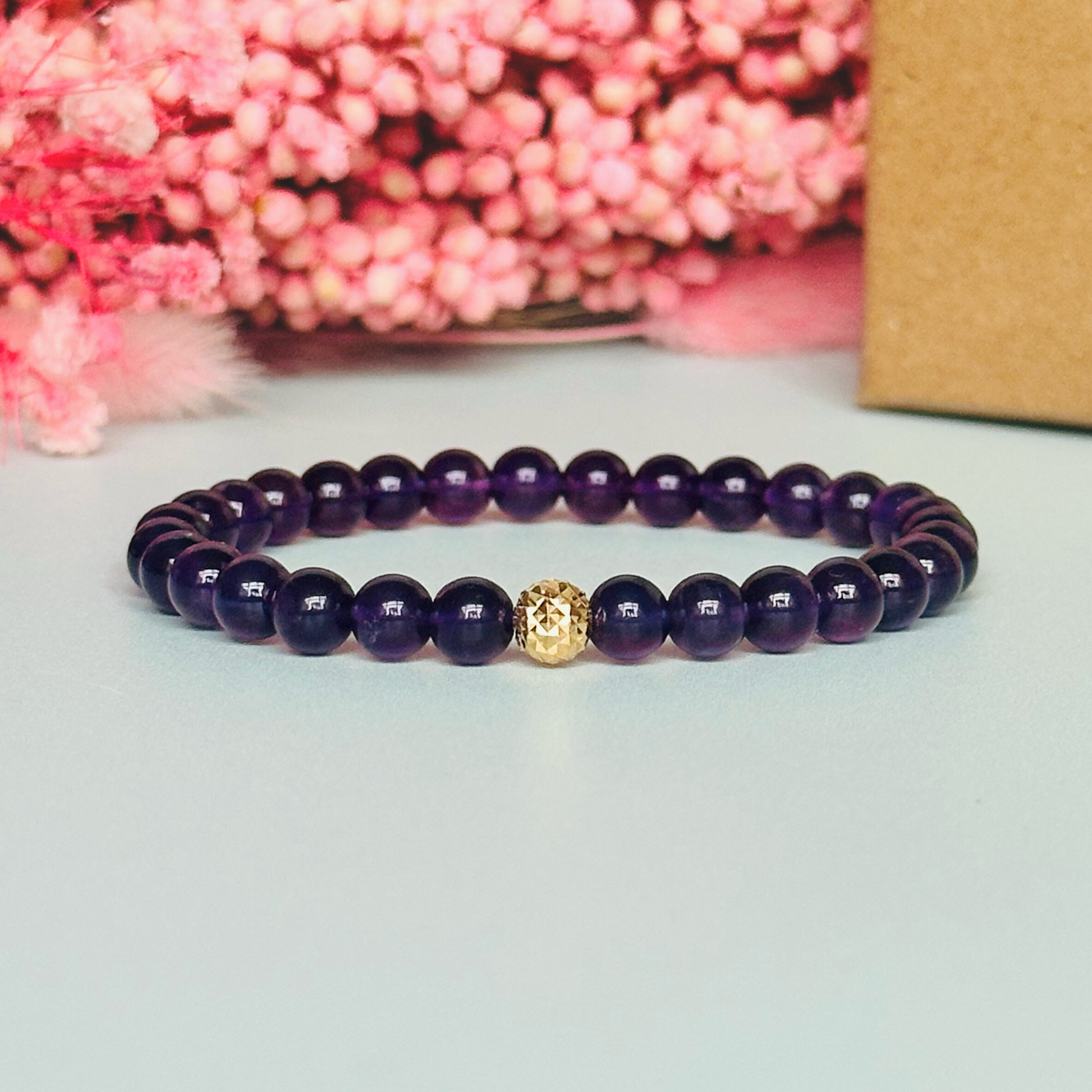 Amethyst bracelet with a faceted sterling silver or gold vermeil focal bead. A bracelet for anxiety relief, inner peace and to calm the mind. Made with 6mm beads.