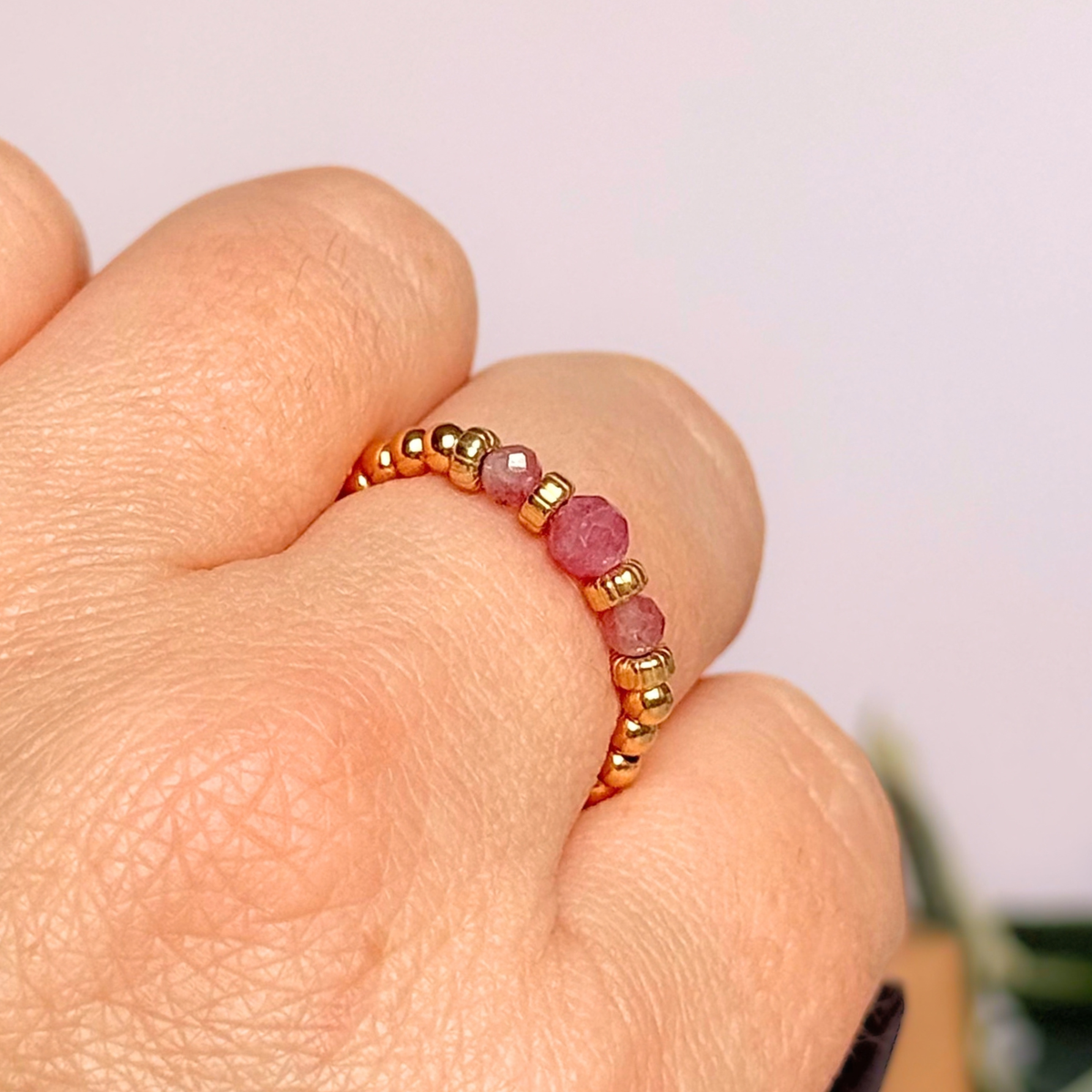 Pink Tourmaline crystal trilogy gold vermeil ring