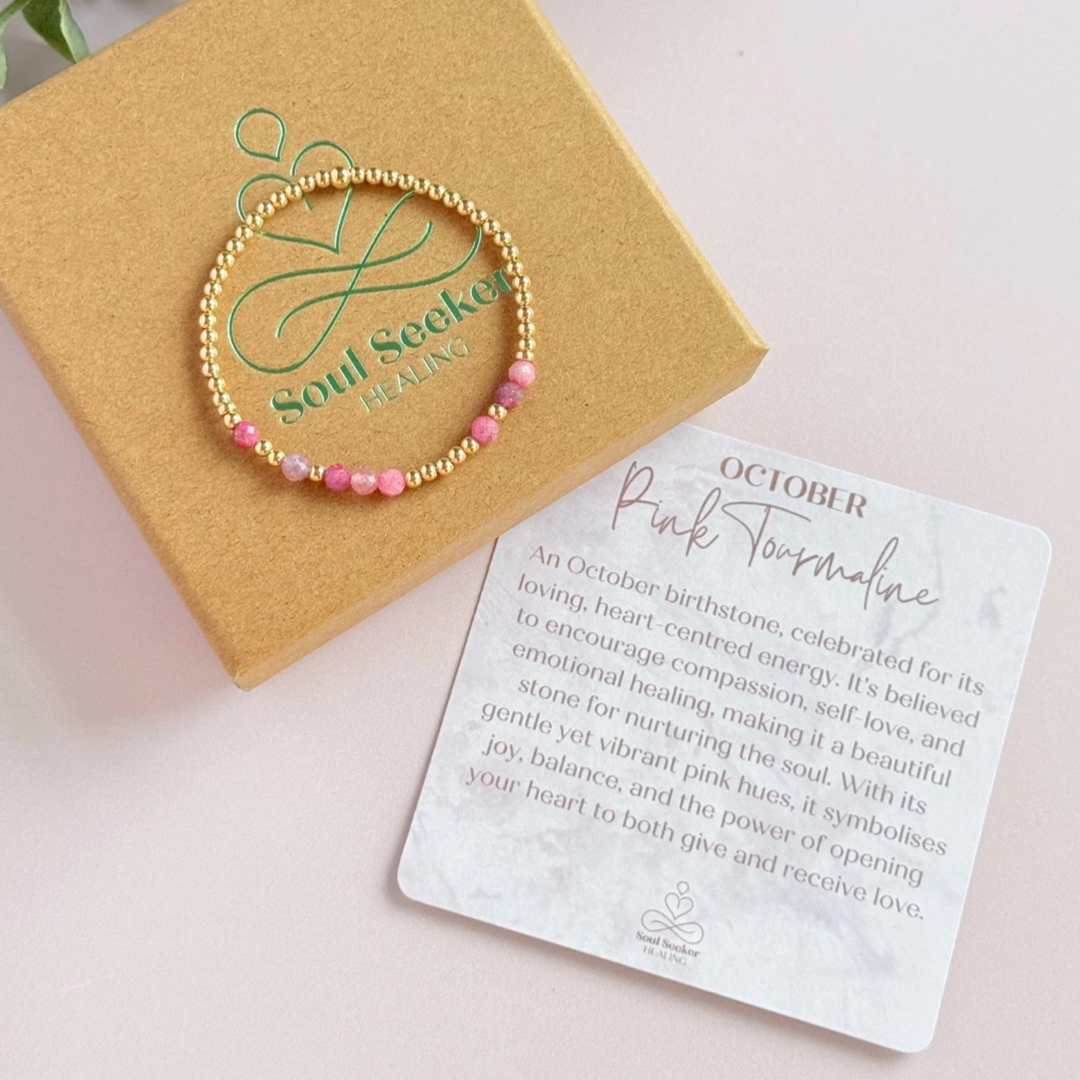 Morse code secret message bracelet spelling out your chosen name in gold filled and pink tourmaline crystal beads. Elasticated with 4mm faceted pink tourmaline beads and 3mm gold filled beads. Custom October birthstone bracelet.