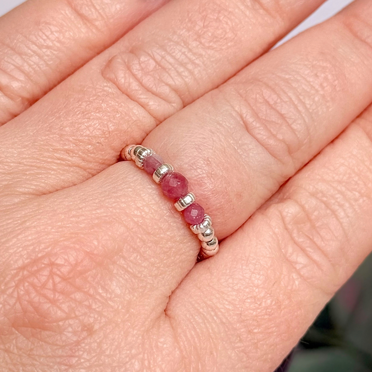 Pink Tourmaline crystal trilogy sterling silver ring