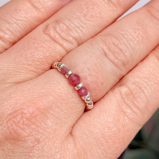 Pink Tourmaline crystal trilogy sterling silver ring