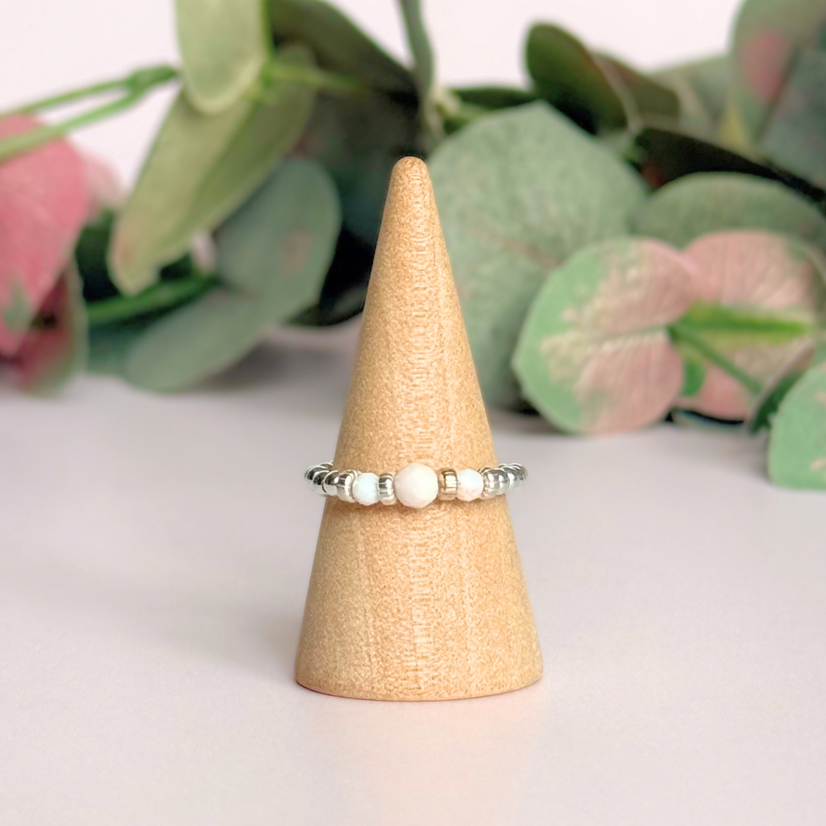 Pink Opal crystal trilogy sterling silver ring