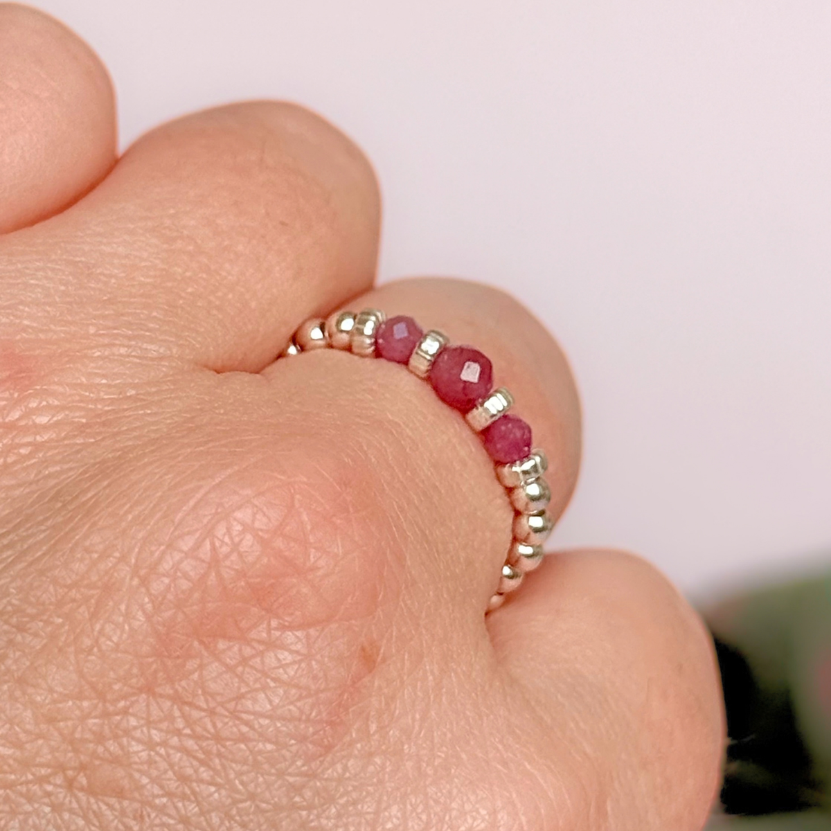 Pink Tourmaline crystal trilogy sterling silver ring