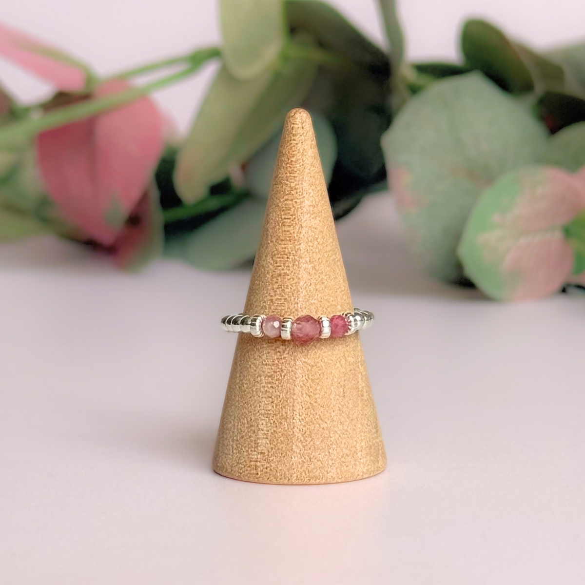Pink Tourmaline crystal trilogy sterling silver ring