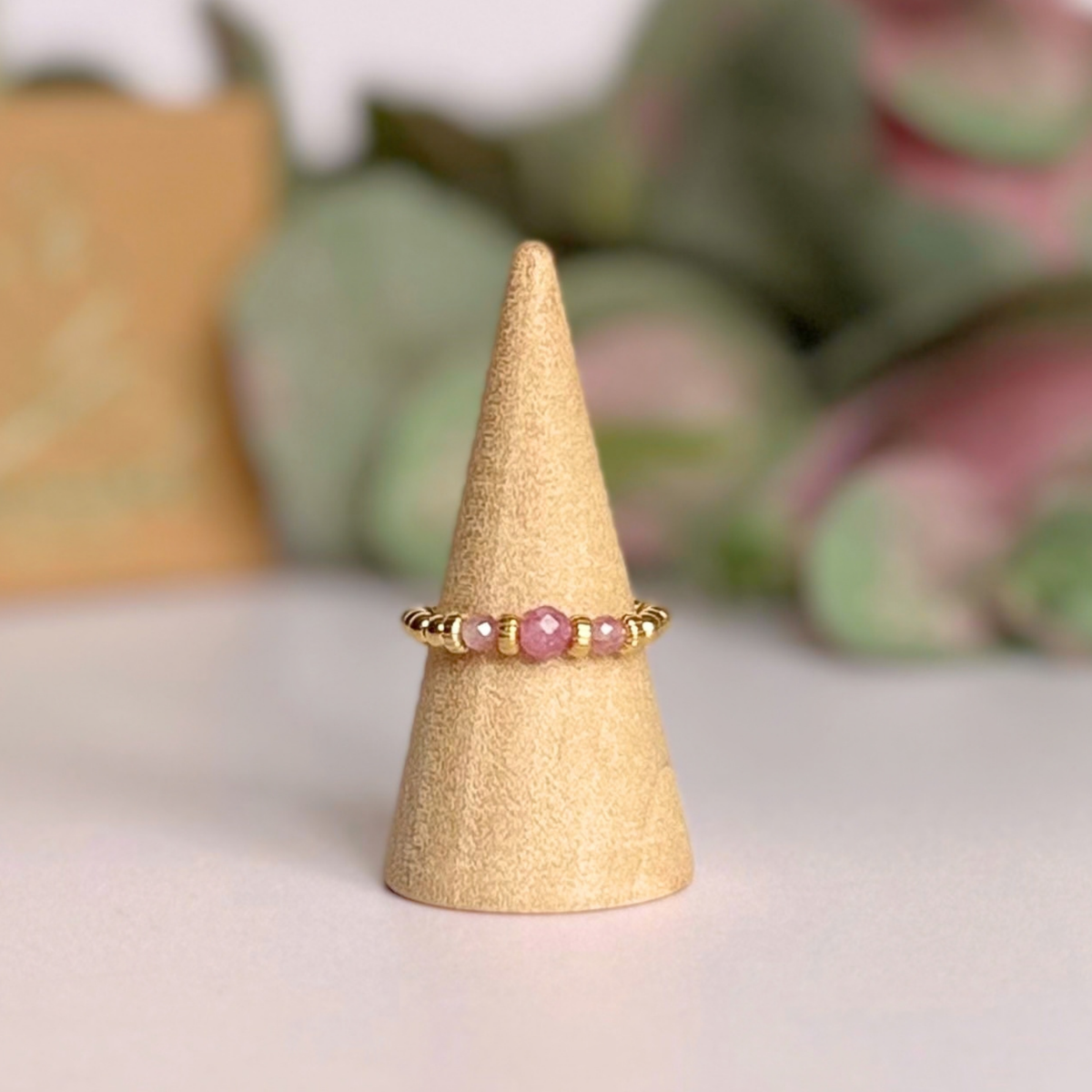 Pink Tourmaline crystal trilogy gold vermeil ring