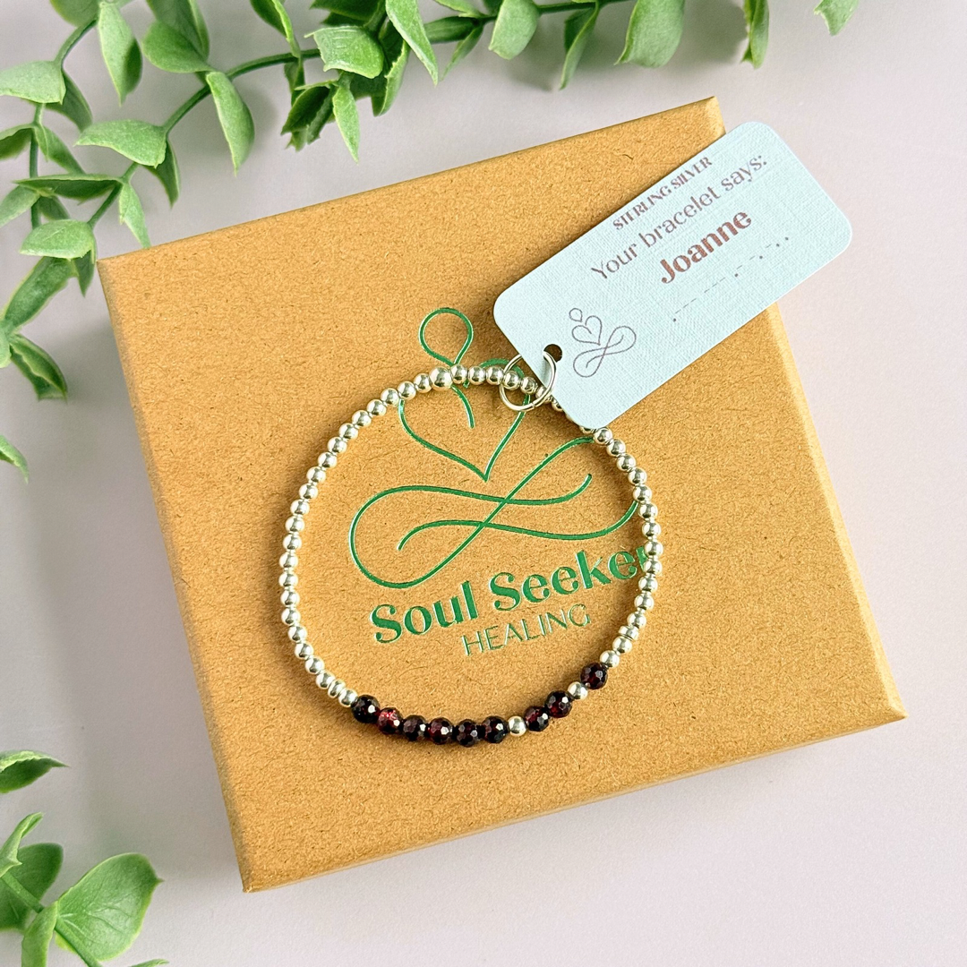 Garnet January Birthstone Morse Code Custom Made Sterling Silver Bracelet